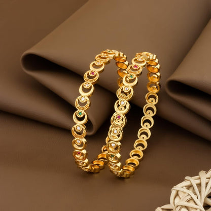 New Designer Micro Gold Plated Ad Diamond Fancy 2 Pcs Moon Bangle For Women