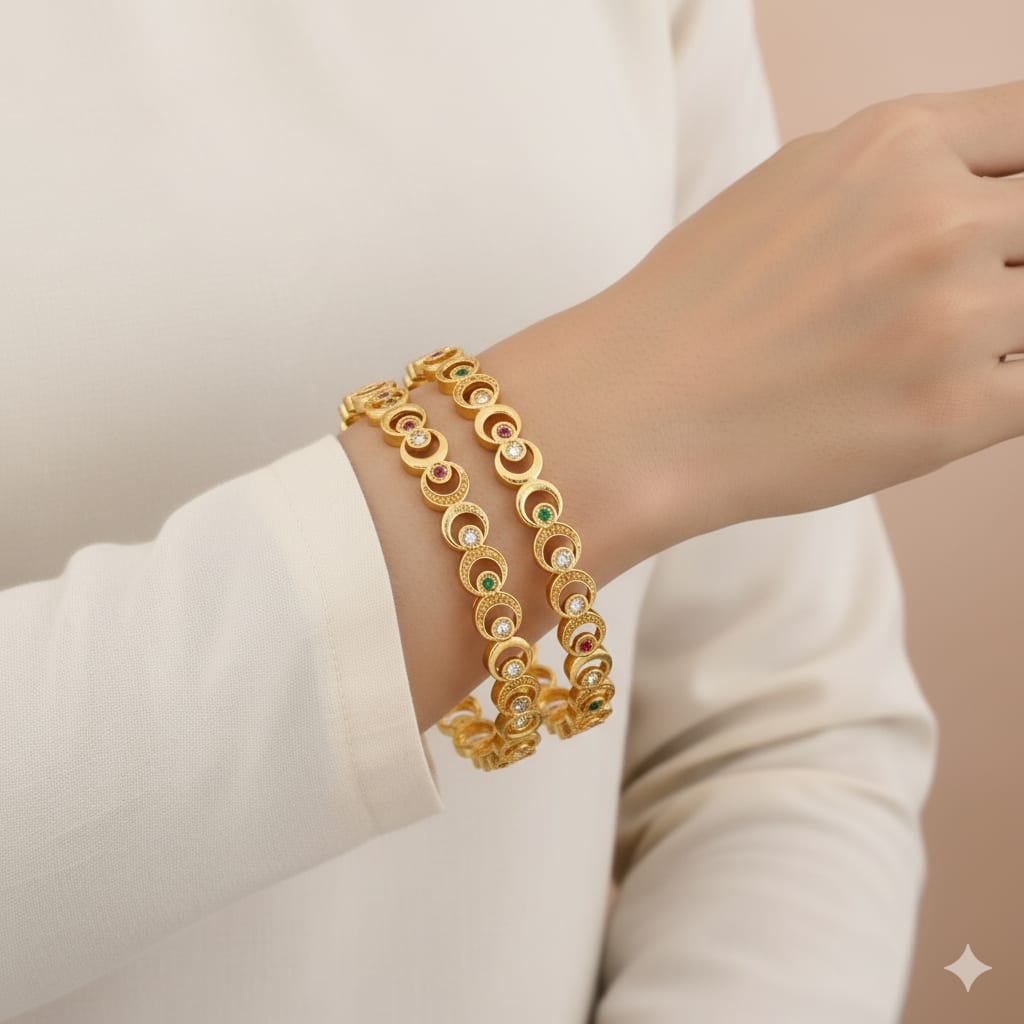 New Designer Micro Gold Plated Ad Diamond Fancy 2 Pcs Moon Bangle For Women