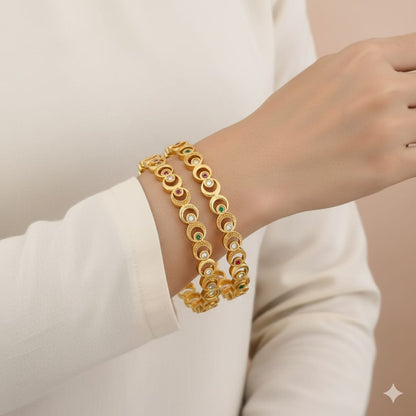 New Designer Micro Gold Plated Ad Diamond Fancy 2 Pcs Moon Bangle For Women