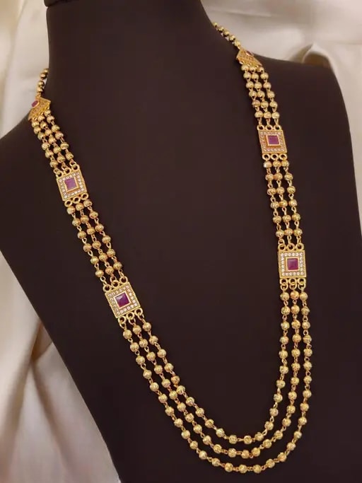 Designer High Gold Plated Ad Diamond Studed Ruby Square Mala
