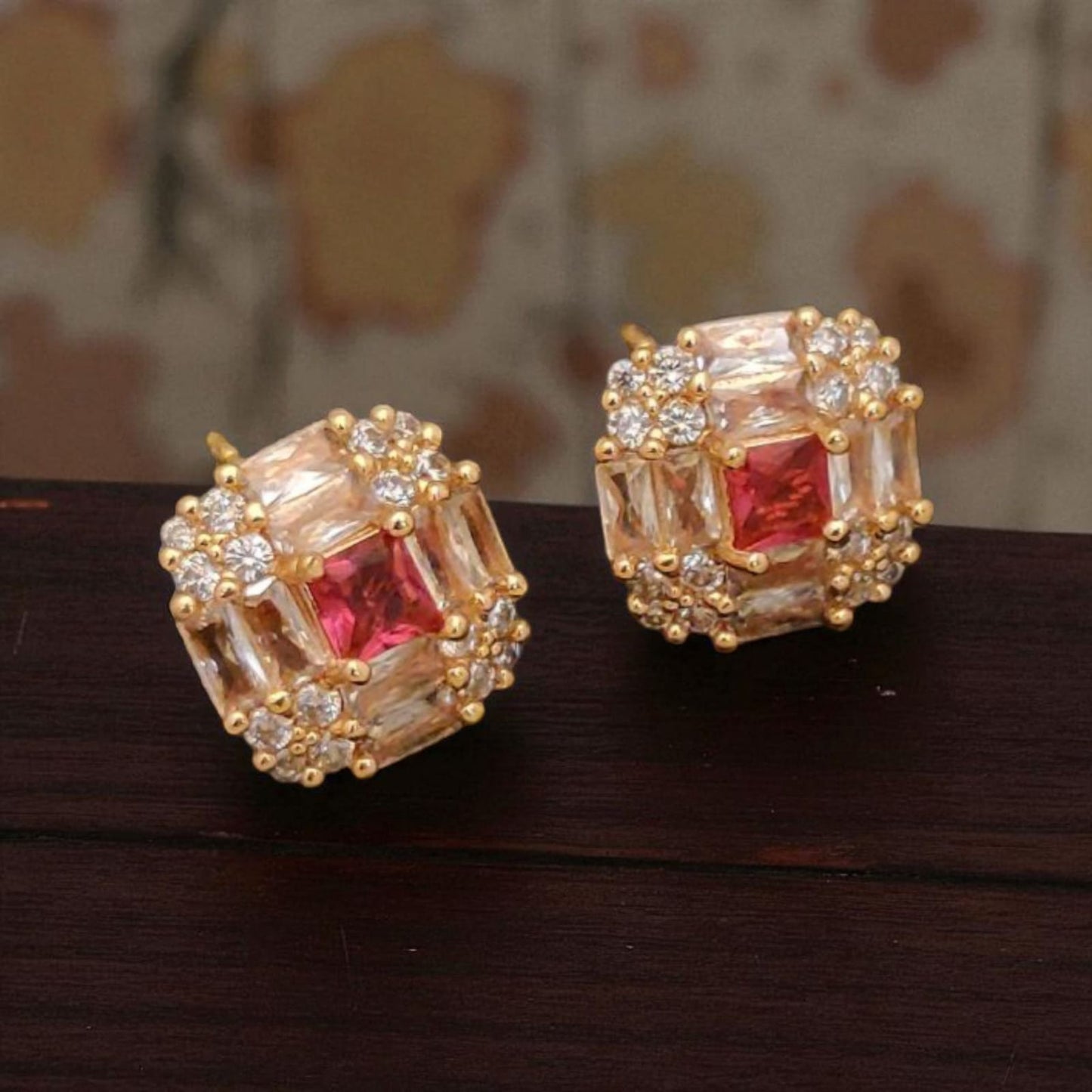 Micro Gold Plated Ad Chowki Stone Studded Fancy Square Earring Studs For Women