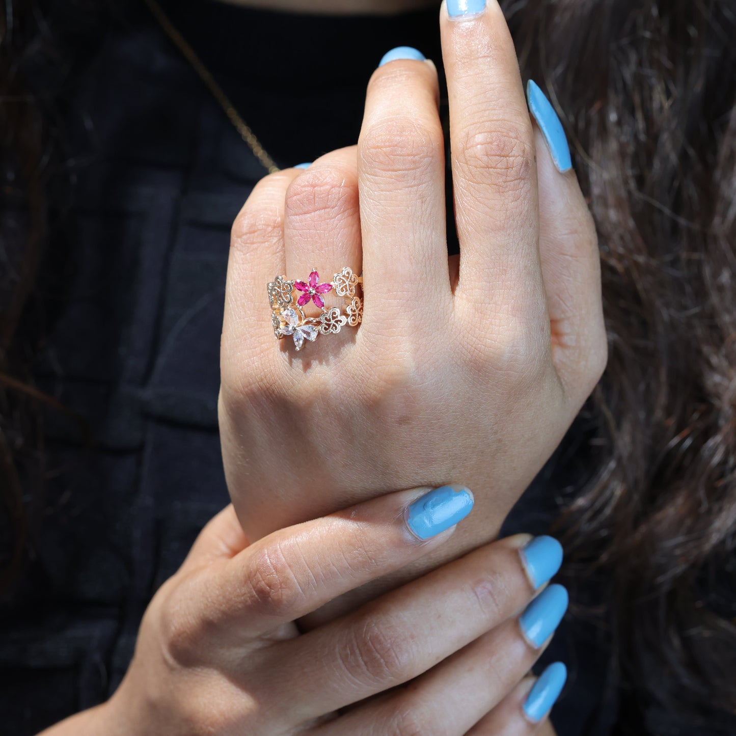 Rose Gold Plated Ruby Stone Broad Adjustable Diamond Ring