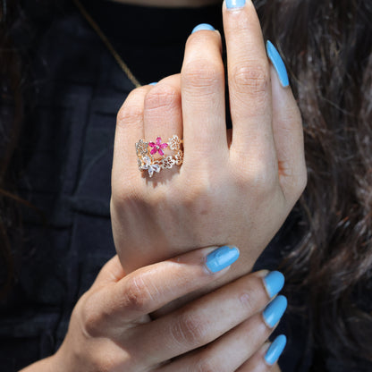 Rose Gold Plated Ruby Stone Broad Adjustable Diamond Ring