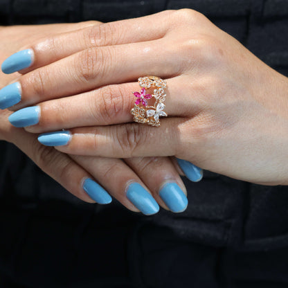 Rose Gold Plated Ruby Stone Broad Adjustable Diamond Ring