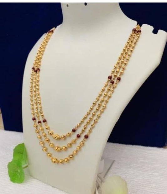 Red Pearl Studded Beautifully Gold Plated 3 Layer Chain