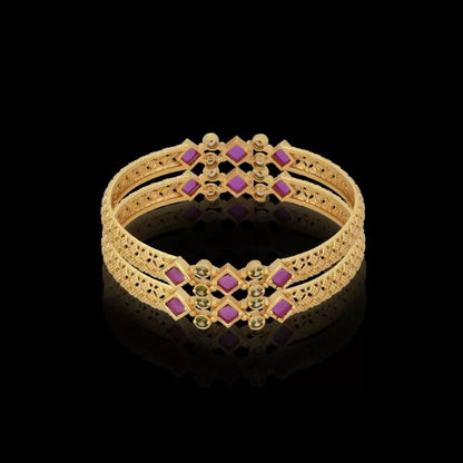 Ruby Srone Ad Diamond Studded Fancy High Gold Plated Bangle Set (2 Pcs)