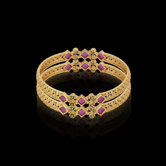 Ruby Srone Ad Diamond Studded Fancy High Gold Plated Bangle Set (2 Pcs)