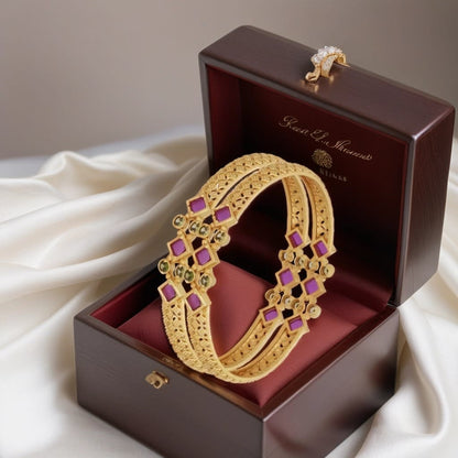Ruby Srone Ad Diamond Studded Fancy High Gold Plated Bangle Set (2 Pcs)