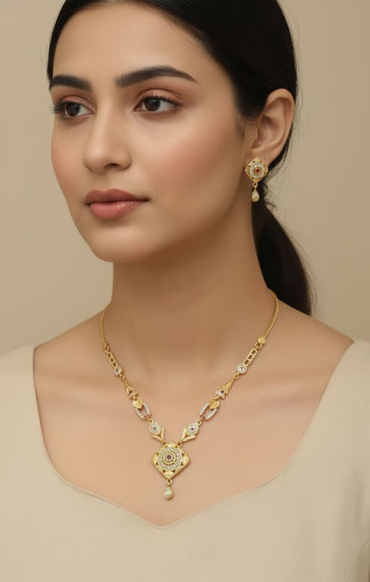 Micro Gold Plated Ad Diamond Studded Forming Square Necklace With Earrings For Women