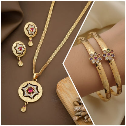 Micro Gold Plated Ad Diamond Studded Fancy Star Pendant Set With Flower Adjustable Kadli