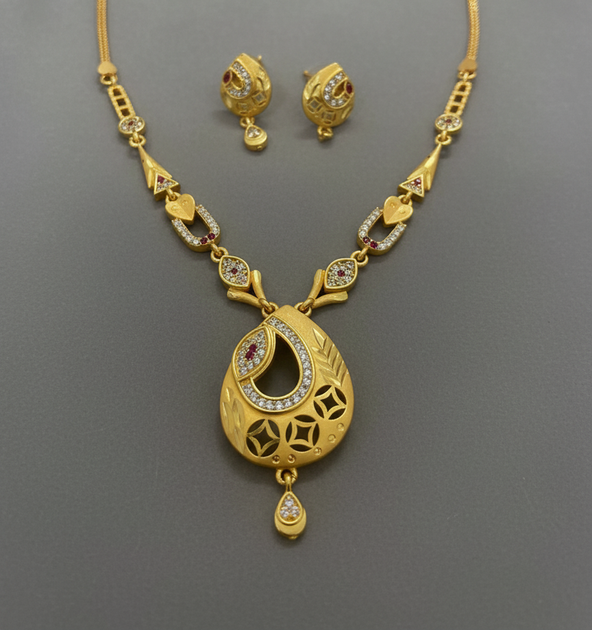 micro gold plated ad  diamond studed fancy oval  pendent set with earring