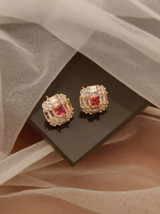Micro Gold Plated AD Chowki Stone Studded Fancy Square Earring Studs for Women