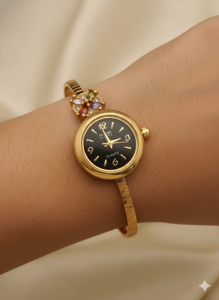 Micro Gold Plated Ad Diamond Studed Adjustable Bracelet Watch