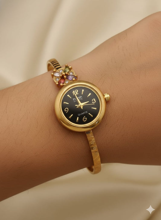 Micro Gold Plated Ad Diamond Studed Adjustable Bracelet Watch