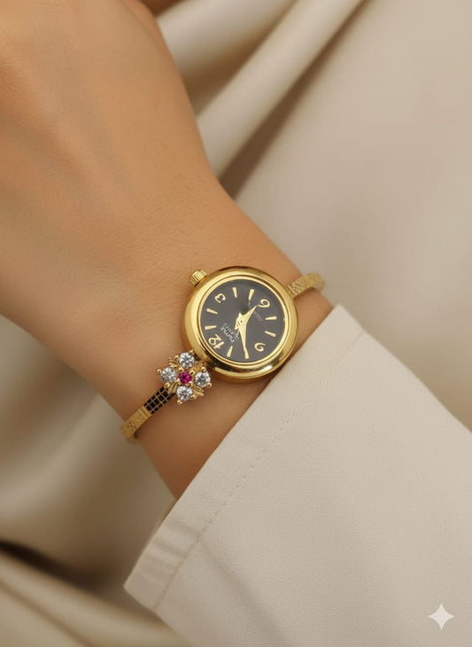 Micro Gold Plated Ad Diamond Studed Adjustable Fancy Flower Watch