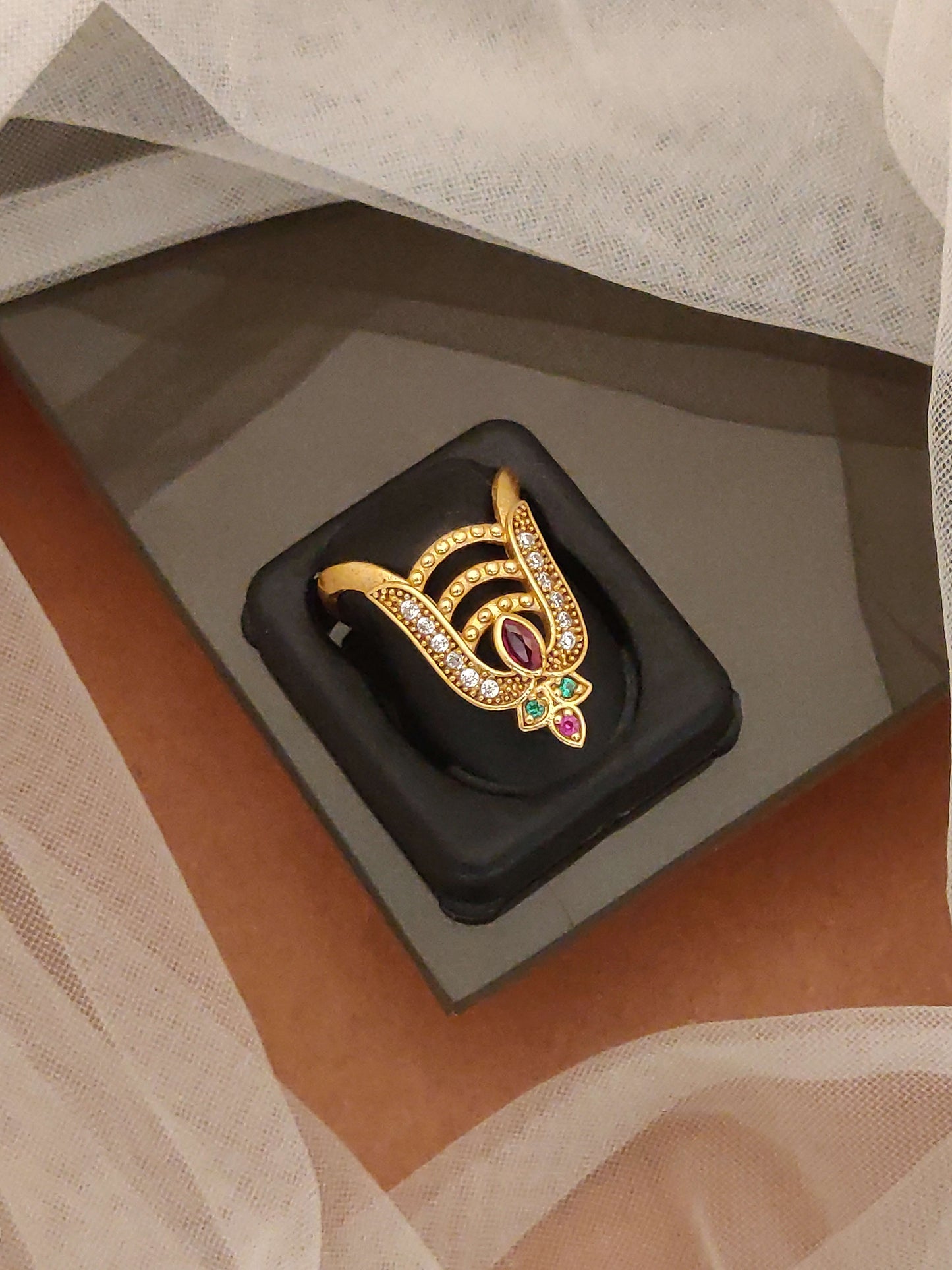 Micro Gold Plated AD Diamond Studded Adjustable Leaf Ring for Women