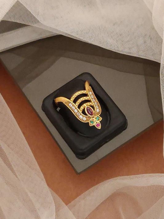 Micro Gold Plated AD Diamond Studded Adjustable Leaf Ring for Women