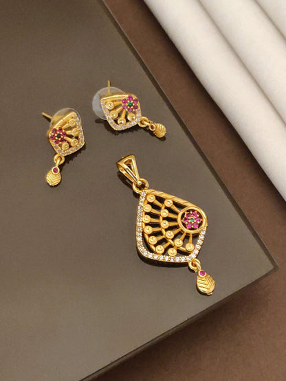 Micro Gold Plated AD Diamond Studded Fancy Flower Design Pendant Set for Women