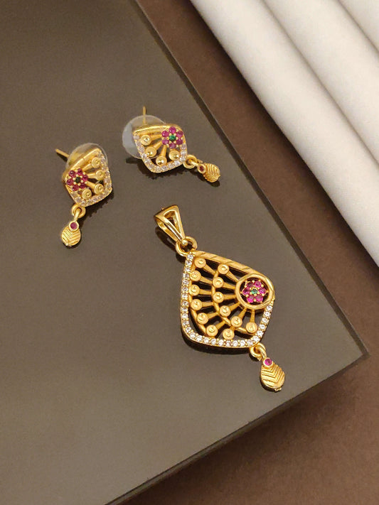 Micro Gold Plated AD Diamond Studded Fancy Flower Design Pendant Set for Women