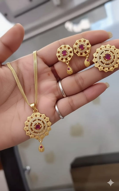 Micro Gold Plated Ad Diamond Studed Fancy Flower Design Pendent With Chain And Ring