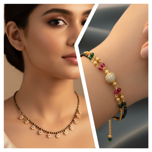 Micro Gold Plated Ad Diamond Studed Fancy Mangalsutra With Ball Hand Mangalsutra