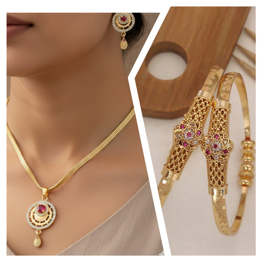 micro gold plated ad diamond studed fancy moon pendent with adjustable bangle