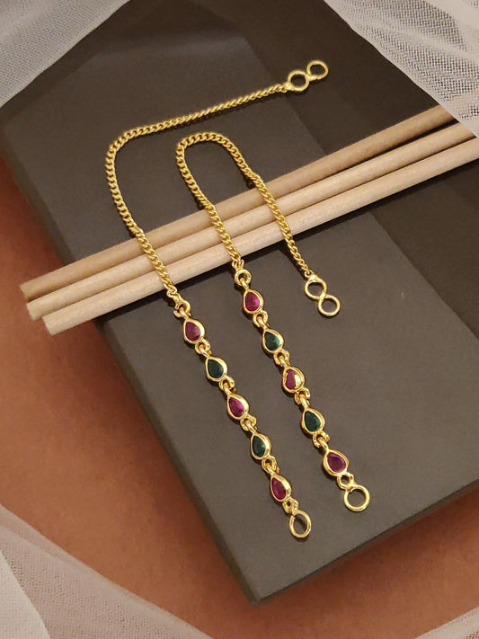 Oval Ruby Studded Micro Gold Plated Ear Chain for Women