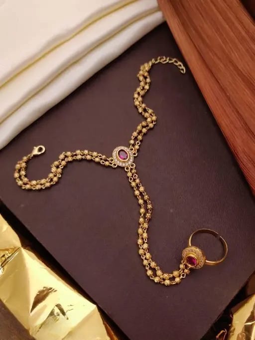 Micro Gold Plated AD Diamond Studded Fancy Oval Hand Cuff for Women