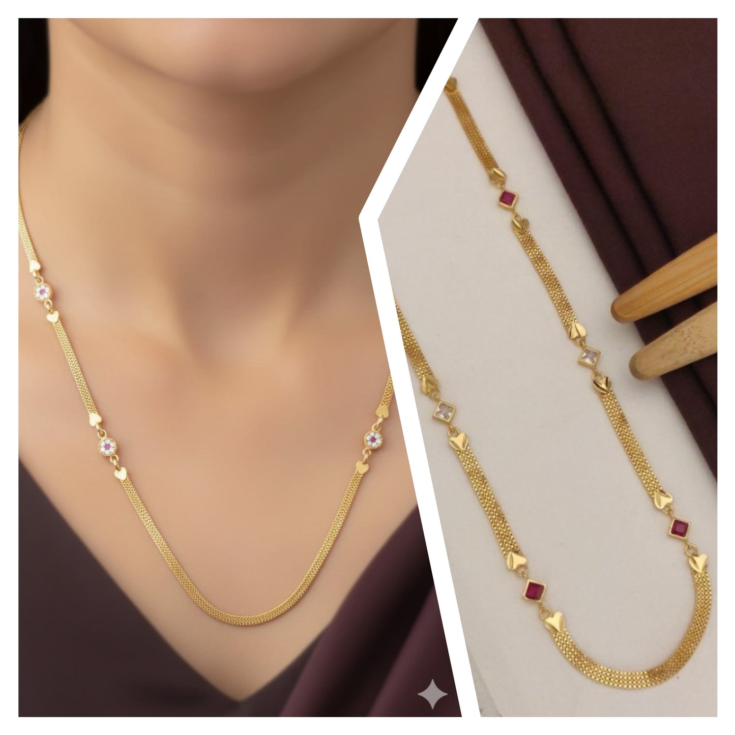 Micro Gold Plated Ad Diamond Studed Fancy Round Chain With  Square Chain