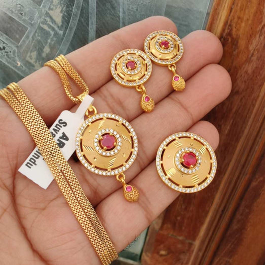 Micro Gold Plated Ad Diamond Studed Fancy Round Design Pendent Set With Earring