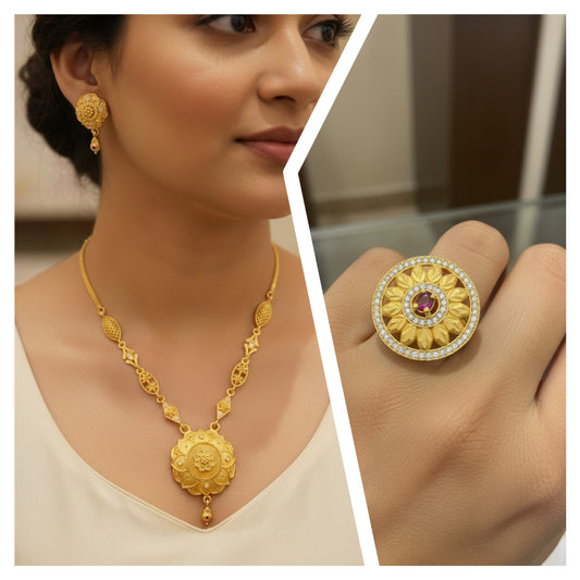 Micro Gold Plated Ad Diamond Studed Fancy Sonflower Pendent Set With Adjustable Ring