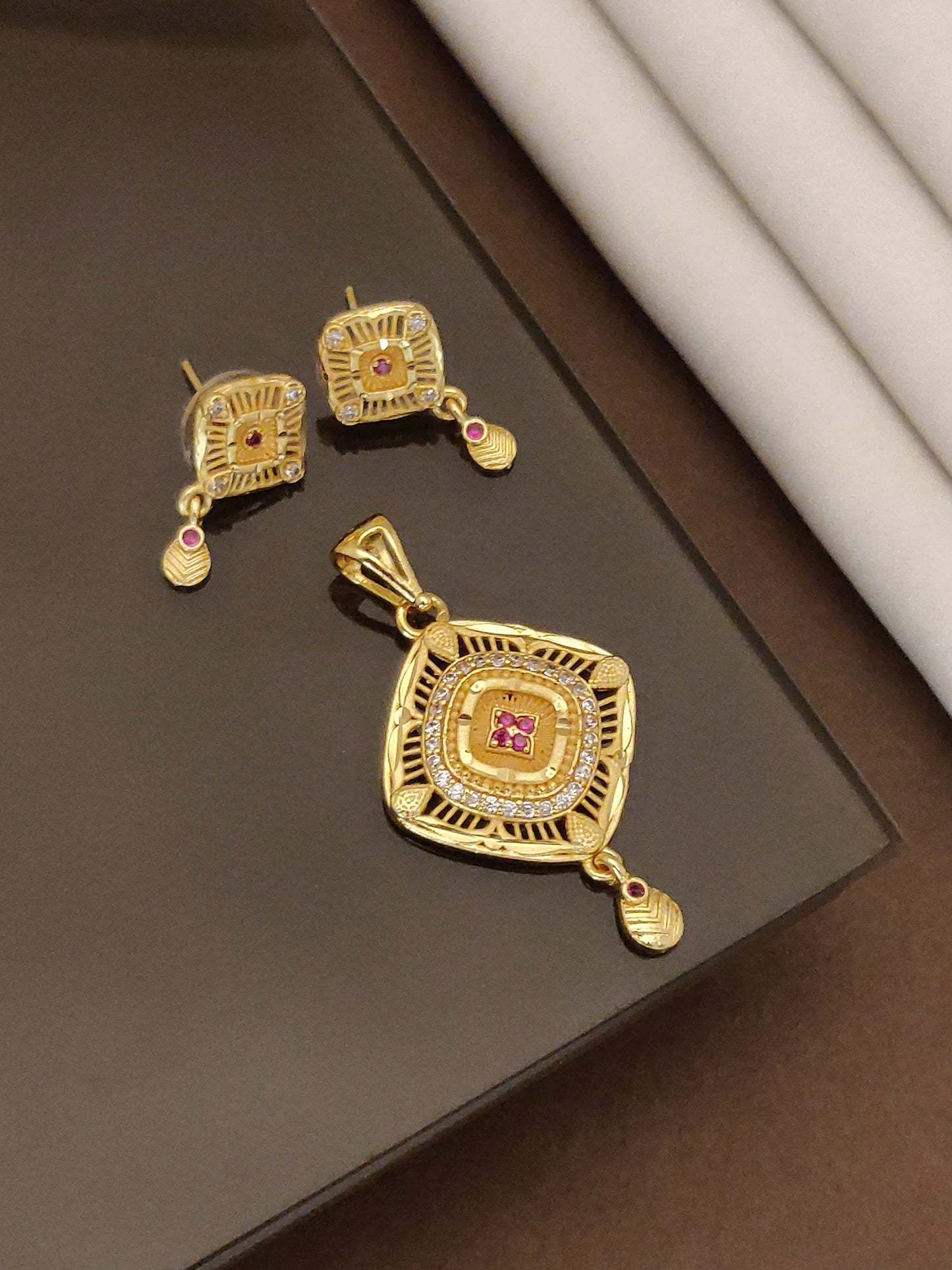 Micro Gold Plated AD Diamond Studded Fancy Square Pendant Set for Women