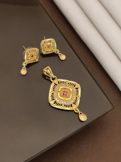 Micro Gold Plated AD Diamond Studded Fancy Square Pendant Set for Women