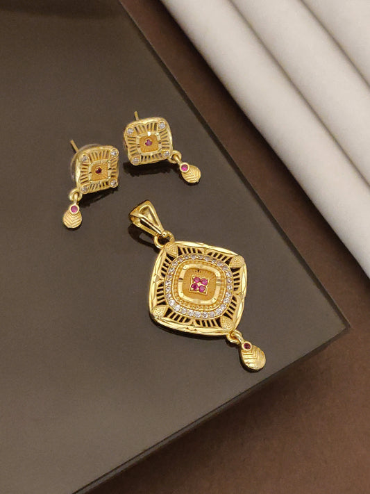 Micro Gold Plated AD Diamond Studded Fancy Square Pendant Set for Women