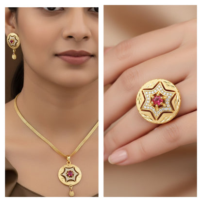 Micro Gold Plated Ad Diamond Studed Fancy Star Pendent Set With Ring