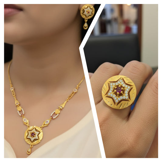 Micro Gold Plated Ad Diamond Studed Fancy Star Pendent With Earring With Adjustable Ring