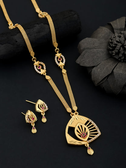 Micro Gold Plated Ad Diamond Studded Triangle Pendant Set With Chain For Women