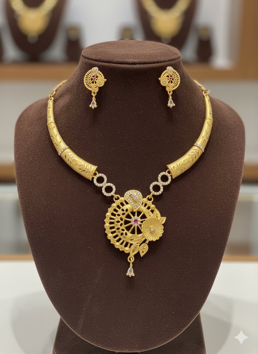 Micro Gold Plated Ad Diamond Studed Forming Flower Necklace With Earring