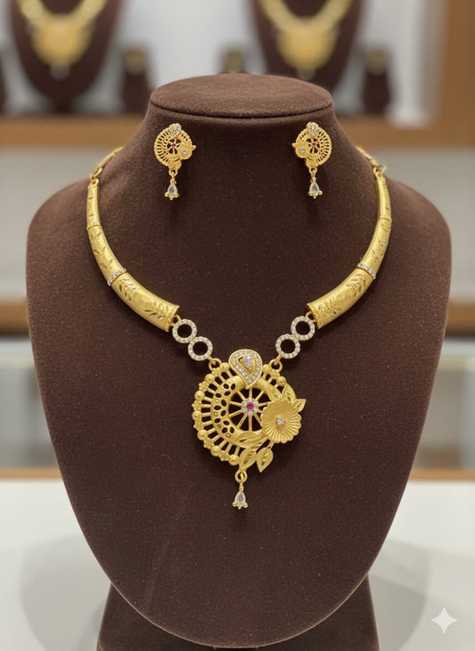 Micro Gold Plated Ad Diamond Studed Forming Flower Necklace With Earring