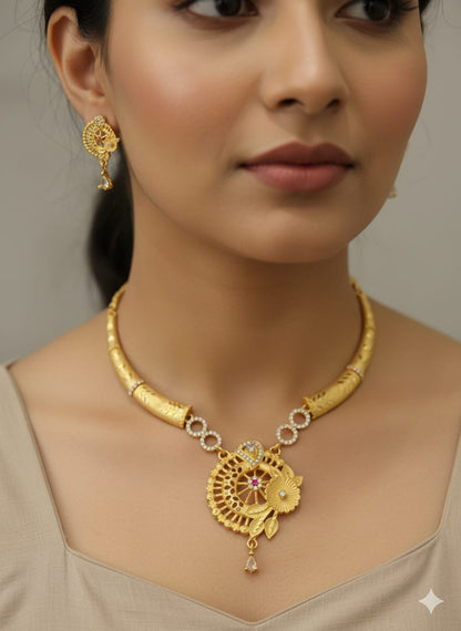 Micro Gold Plated Ad Diamond Studed Forming Flower Necklace With Earring