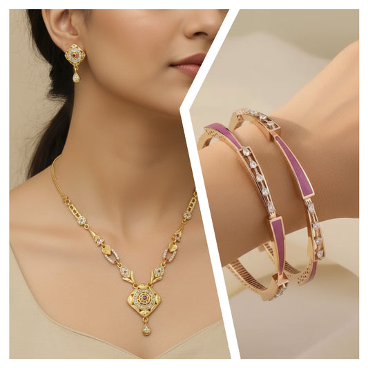 Micro Gold Plated Ad Diamond Studed Forming Necklace With Rose Gold Diamond Bangle