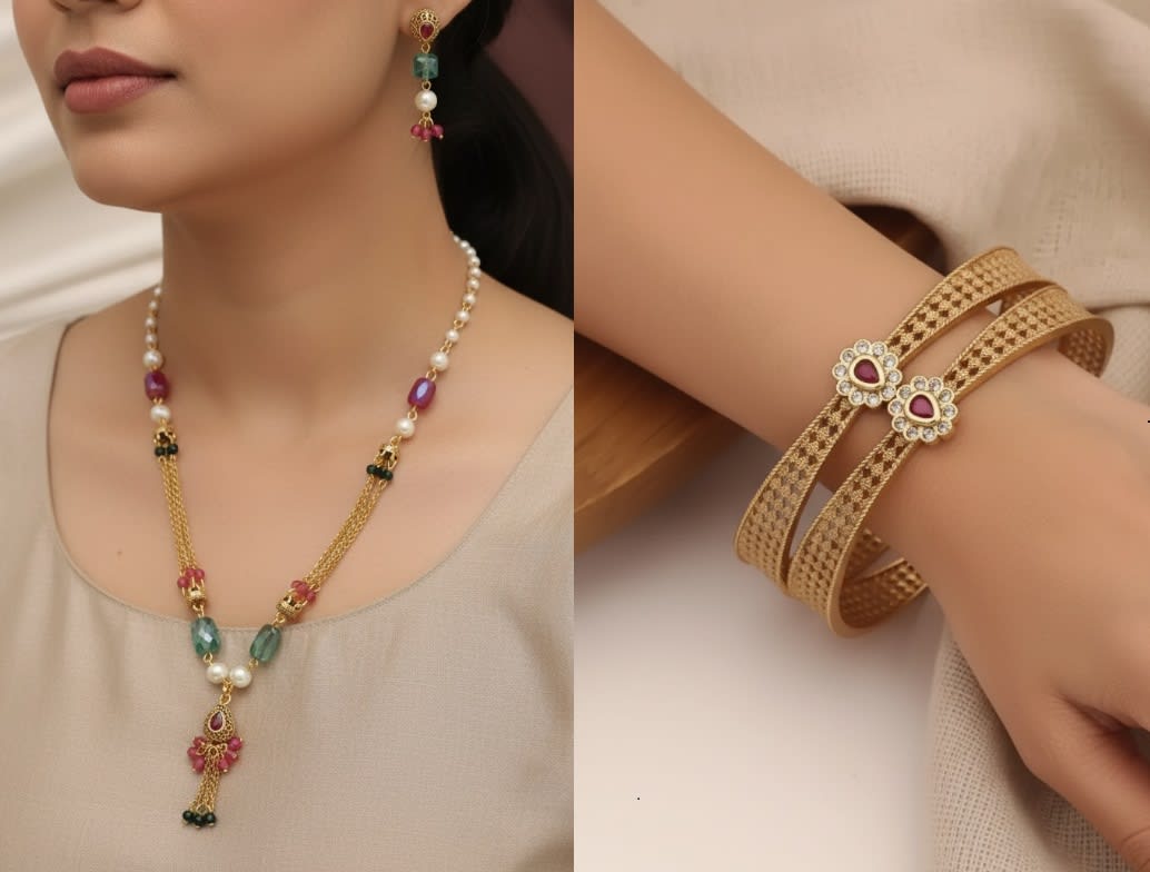 Micro Gold Plated Ad Diamond Studded Pearl Mala With Designer Ruby Stone Bangle Set For Women