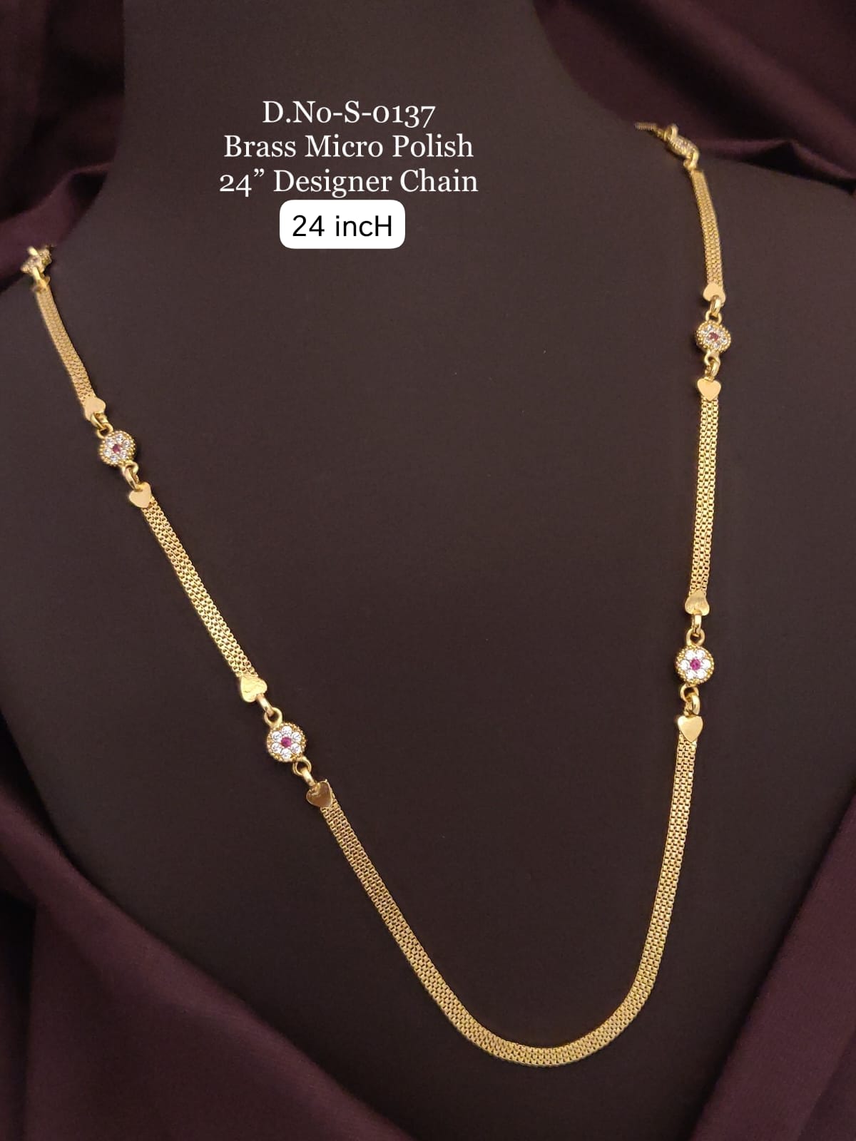 Micro Gold Plated Ad Diamond Studed Round Flower 24Inches Chain