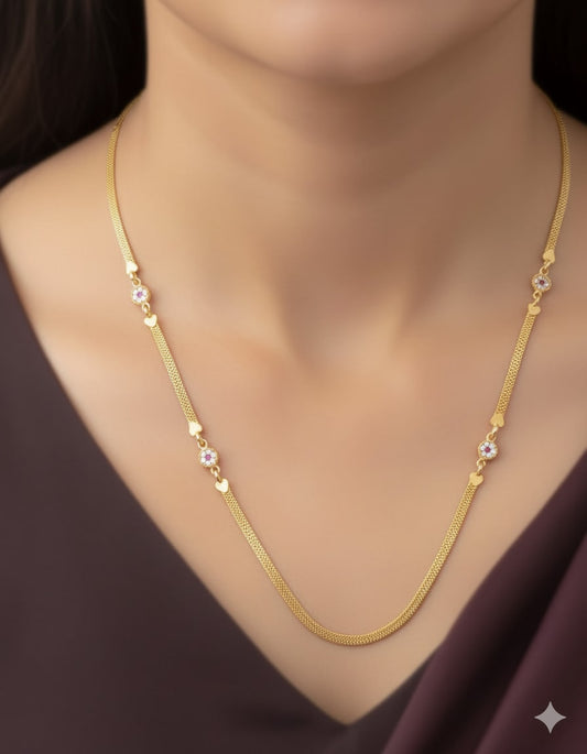 Micro Gold Plated Ad Diamond Studed Round Flower 24Inches Chain