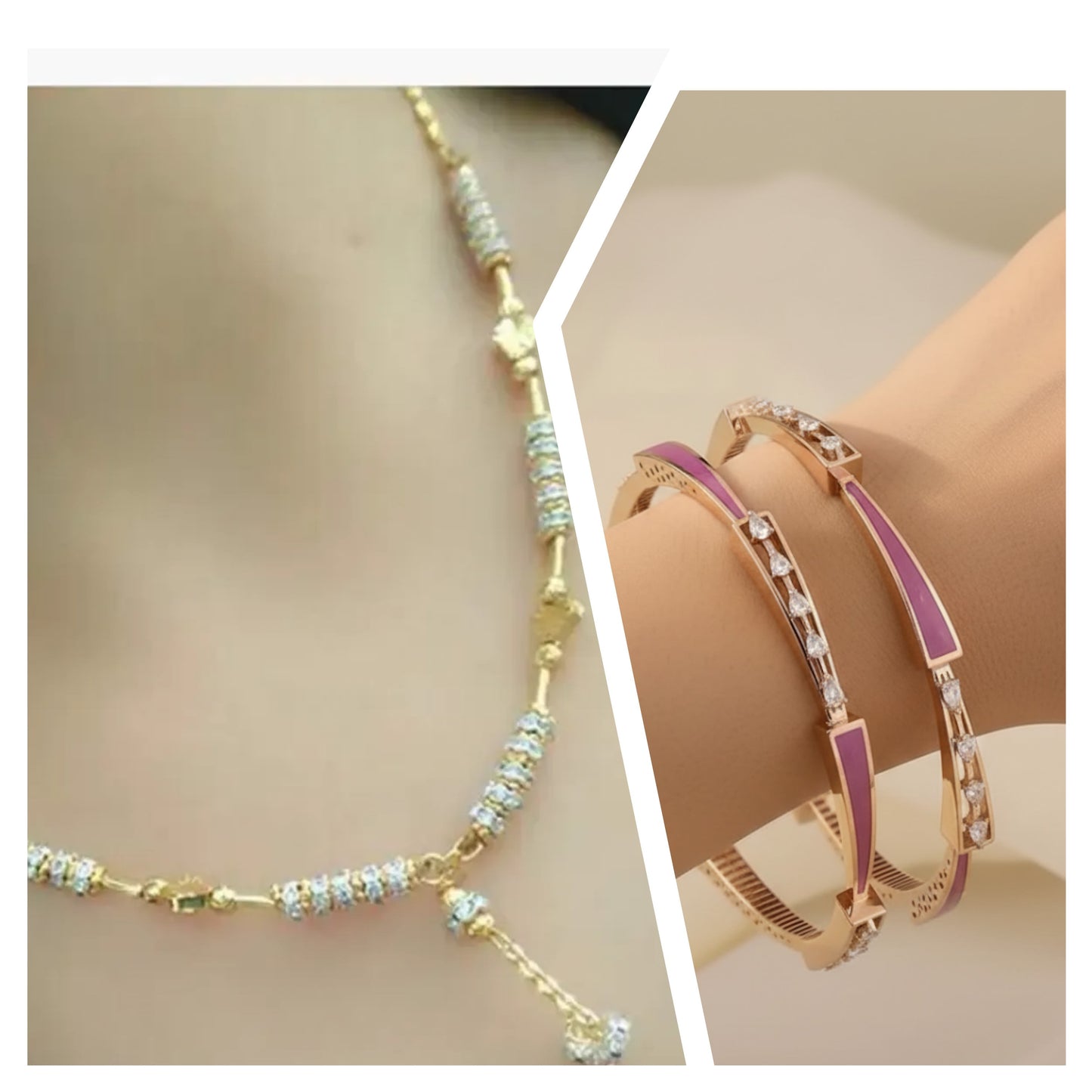 Micro Gold Plated Ad Diamond Stued Fancy Star Chain With Diamond Bangles