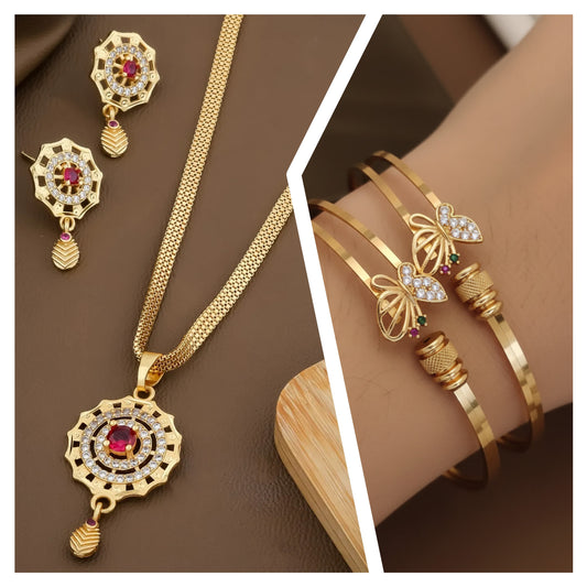 Micro Gold Plated Ad Diamond Studded Fancy Flower Pendant Set With Butterfly Adjustable Bangle Combo