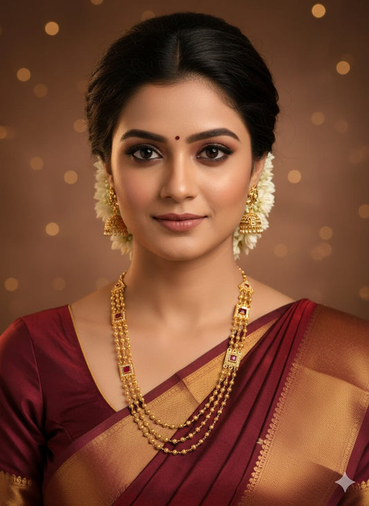 Micro Gold Plated Ad Diamond & Ruby Stone Studded Fancy 3 Line Square Necklace For Women