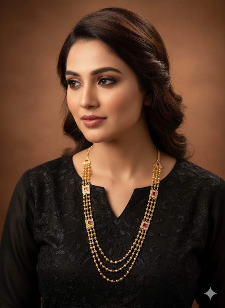 Micro Gold Plated Ad Diamond & Ruby Stone Studded Fancy 3 Line Square Necklace For Women