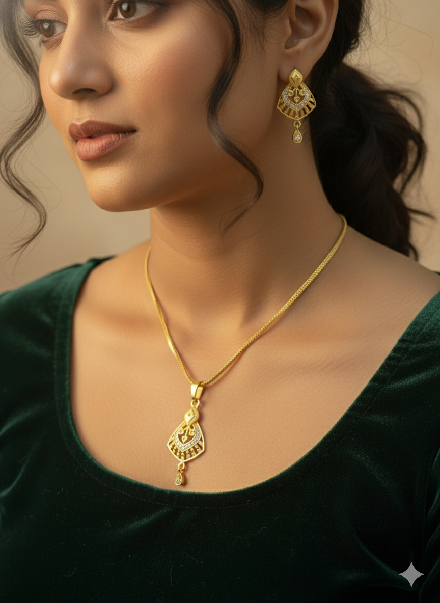 Micro gold plated ad dimaond studed fancy triangle shape pendent with chain