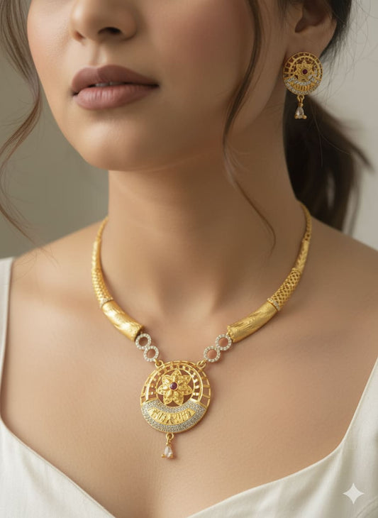 Micro Gold Plated Ad Dimaond Studed Fany Forming Necklace With Earring